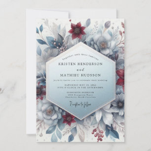 Convite Casamento Floral Etéreo Azul Borgonha