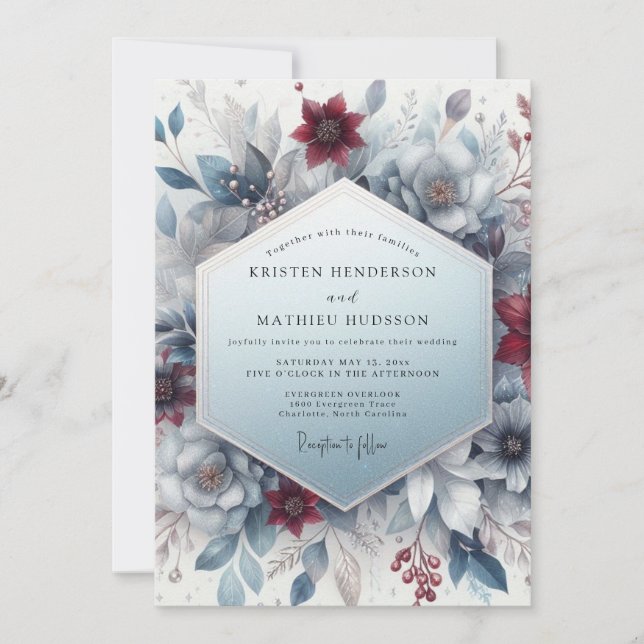 Convite Casamento Floral Etéreo Azul Borgonha (Frente)
