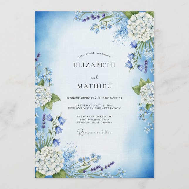 Convite Casamento Floral Etéreo Azul Céu (Frente)