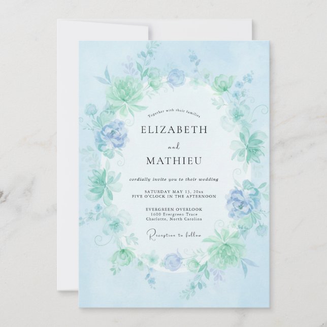 Convite Casamento Floral Etéreo Azul Claro (Frente)