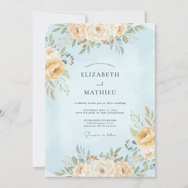 Convite Casamento Floral Etéreo Azul Claro (Frente)