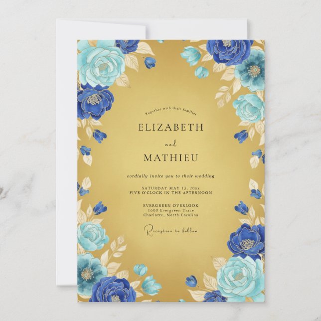 Convite Casamento Floral Etéreo Azul Cobalto (Frente)