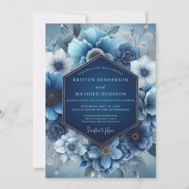 Convite Casamento Floral Etéreo Azul Desbotado (Frente)
