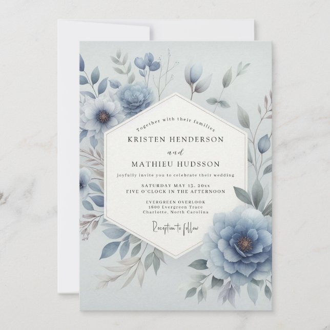 Convite Casamento Floral Etéreo Azul Desbotado (Frente)