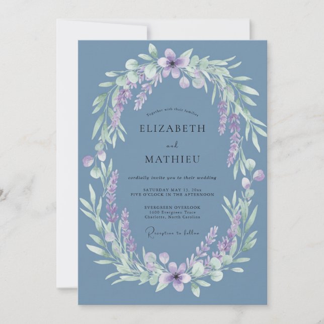 Convite Casamento Floral Etéreo Azul Desbotado (Frente)