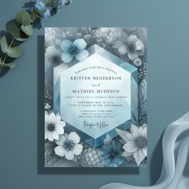 Convite Casamento Floral Etéreo Azul Desbotado (Criador carregado)
