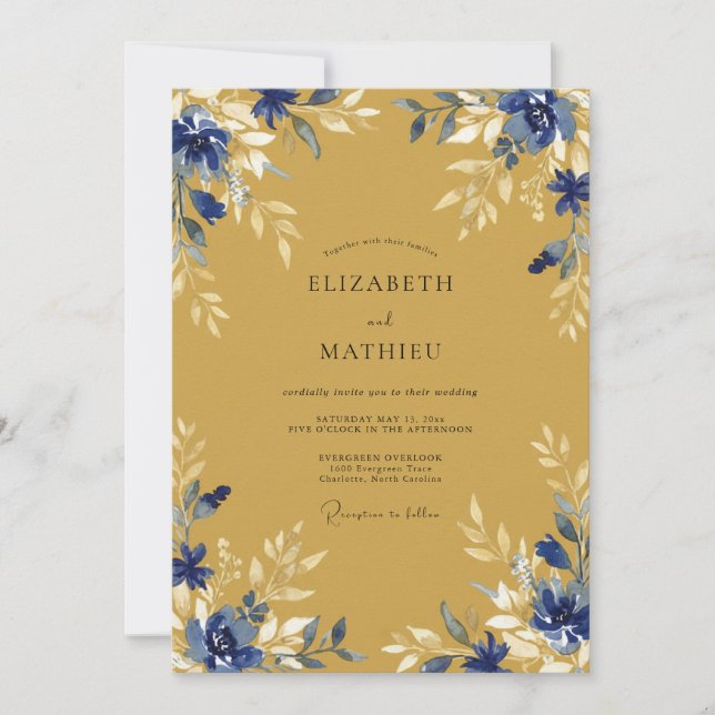 Convite Casamento Floral Etéreo Azul Dourado (Frente)