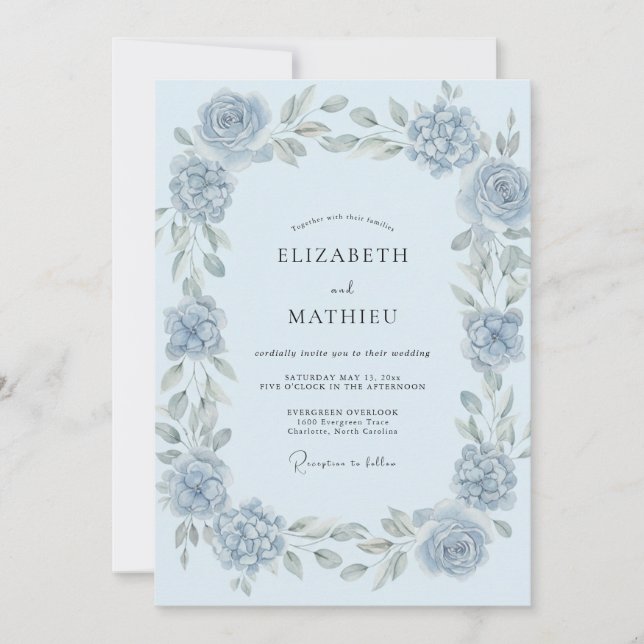 Convite Casamento Floral Etéreo Azul Gelo (Frente)