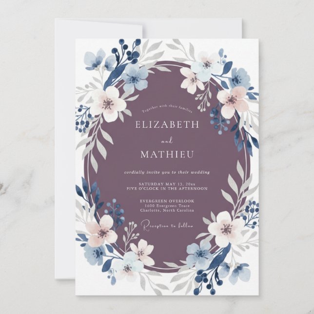 Convite Casamento Floral Etéreo Azul Malva (Frente)