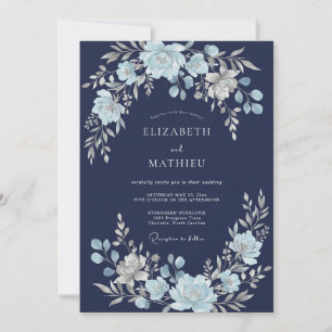 Convite Casamento Floral Etéreo Azul Naval