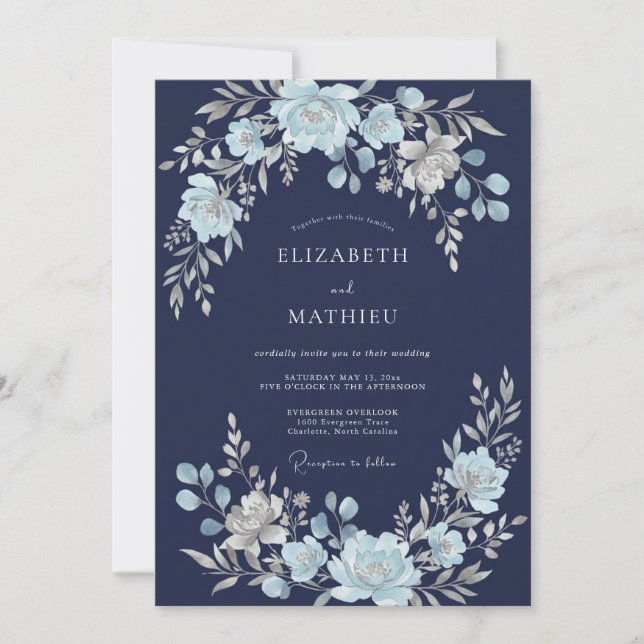 Convite Casamento Floral Etéreo Azul Naval (Frente)