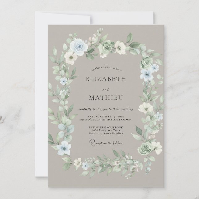 Convite Casamento Floral Etéreo Azul Pálido (Frente)