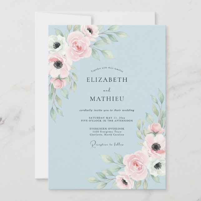 Convite Casamento Floral Etéreo Azul Pó (Frente)