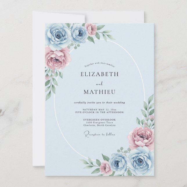 Convite Casamento Floral Etéreo Azul Pó (Frente)