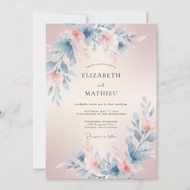 Convite Casamento Floral Etéreo Azul Rosa (Frente)