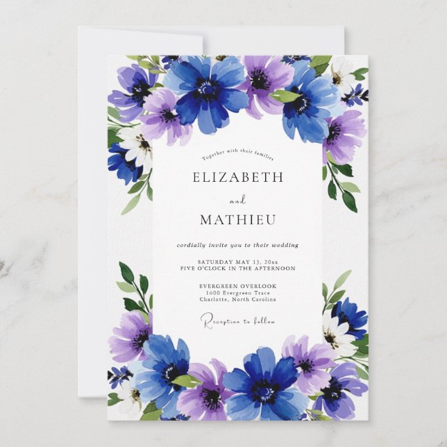 Convite Casamento Floral Etéreo Azul Roxo (Frente)
