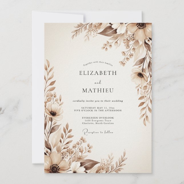 Convite Casamento Floral Etéreo Bege (Frente)