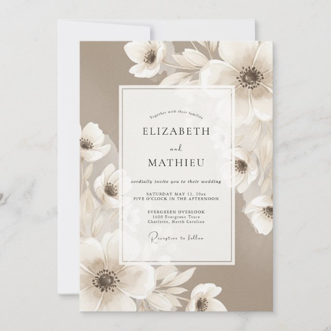 Convite Casamento Floral Etéreo Bege (Frente)