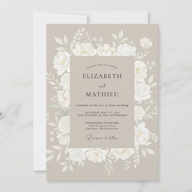 Convite Casamento Floral Etéreo Bege (Frente)