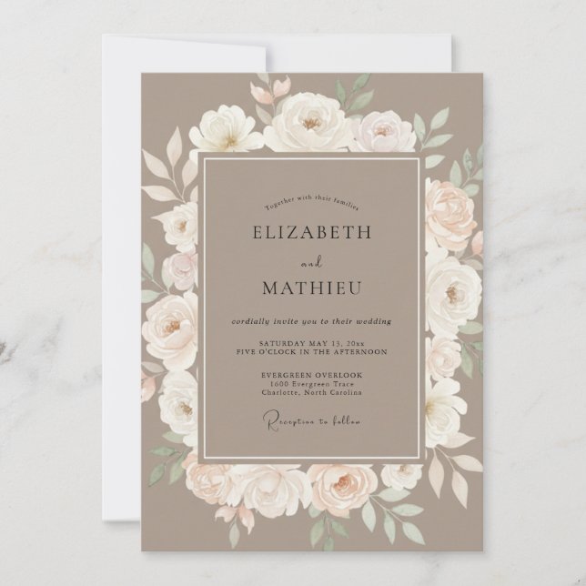 Convite Casamento Floral Etéreo Bege Romance (Frente)