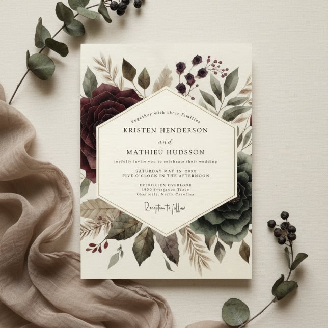 Convite Casamento Floral Etéreo Borgonha (Criador carregado)