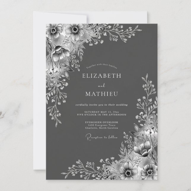 Convite Casamento Floral Etéreo Carvão (Frente)