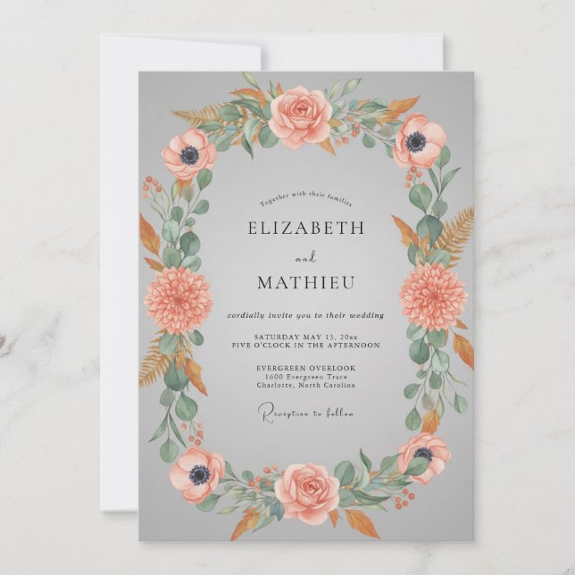 Convite Casamento Floral Etéreo Cinza e Rosa (Frente)
