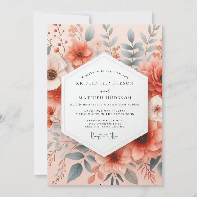 Convite Casamento Floral Etéreo Coral (Frente)