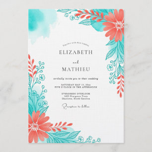 Convite Casamento Floral Etéreo Coral Verde-água