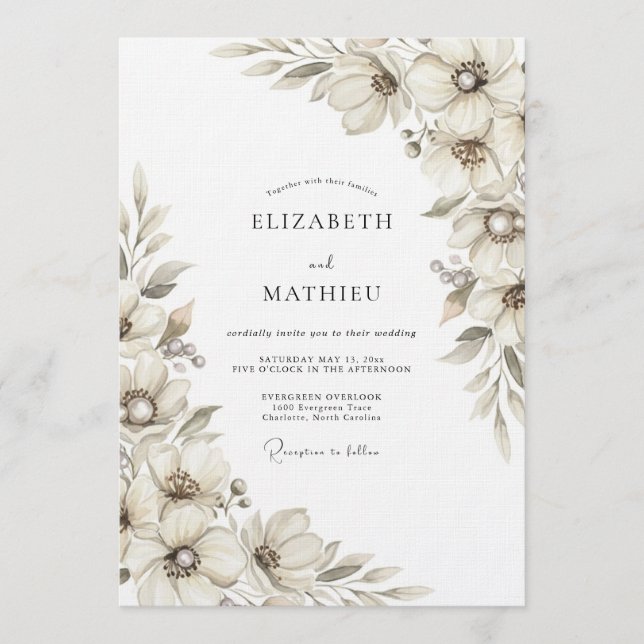 Convite Casamento Floral Etéreo Creme (Frente)