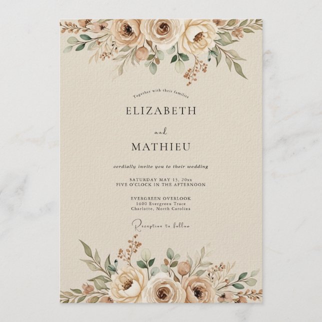 Convite Casamento Floral Etéreo Creme (Frente)