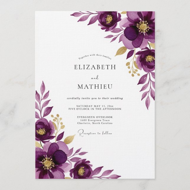 Convite Casamento Floral Etéreo de Ameixa (Frente)