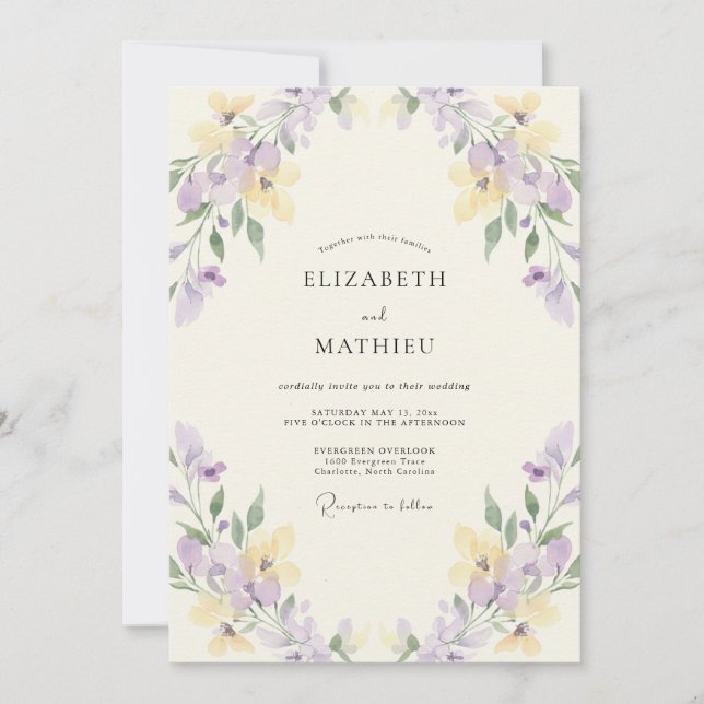 Convite Casamento Floral Etéreo de Limão e Lavanda (Frente)