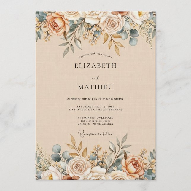 Convite Casamento Floral Etéreo de Pêssego (Frente)