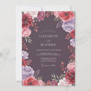 Convite Casamento Floral Etéreo de Tonalidade Ameixa Inten