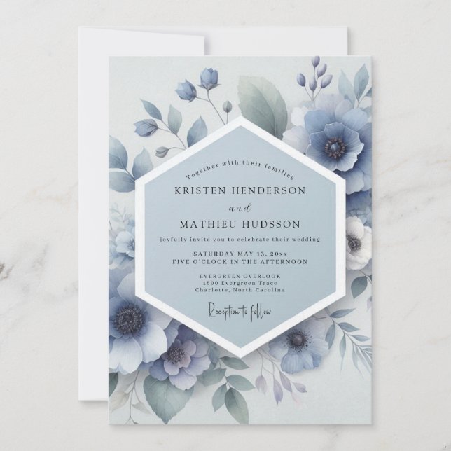 Convite Casamento Floral Etéreo em Azul Desbotado (Frente)
