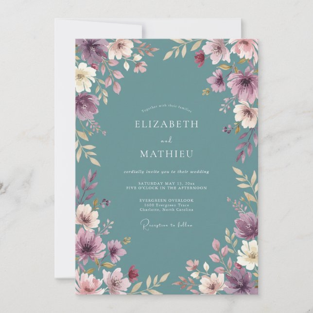 Convite Casamento Floral Etéreo em Azul Turquesa Desbotado (Frente)