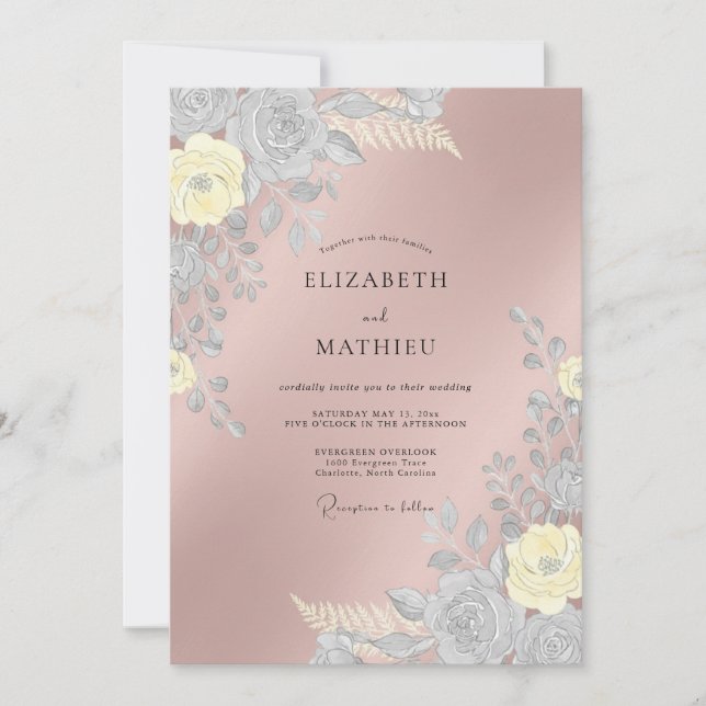 Convite Casamento Floral Etéreo em Rose Gold (Frente)