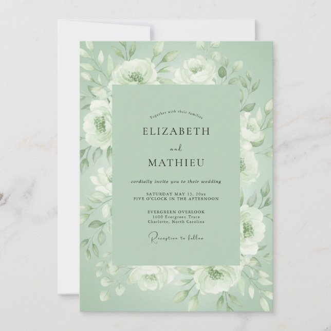 Convite Casamento Floral Etéreo em Verde Sage (Frente)