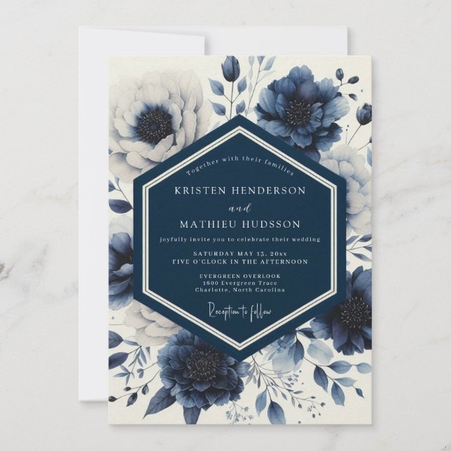 Convite Casamento Floral Etéreo Índigo (Frente)