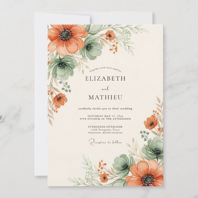 Convite Casamento Floral Etéreo Laranja (Frente)