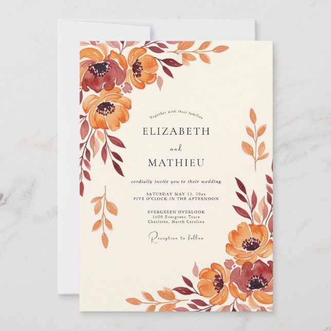 Convite Casamento Floral Etéreo Laranja (Frente)
