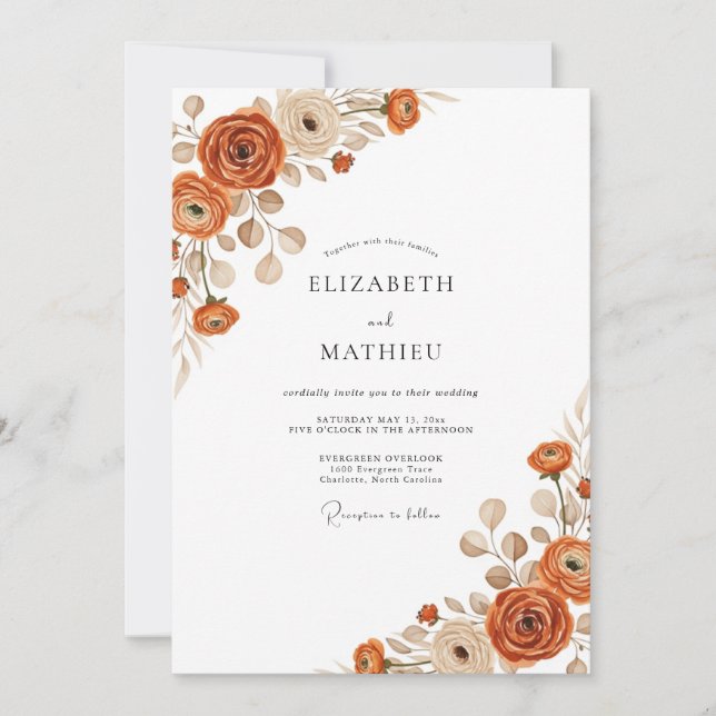 Convite Casamento Floral Etéreo Laranja Queimada (Frente)