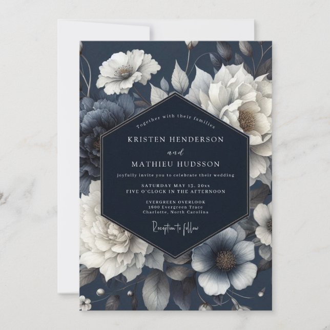 Convite Casamento Floral Etéreo Marinho (Frente)