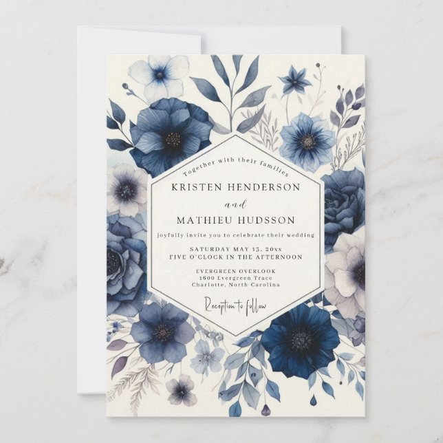 Convite Casamento Floral Etéreo Marinho (Frente)