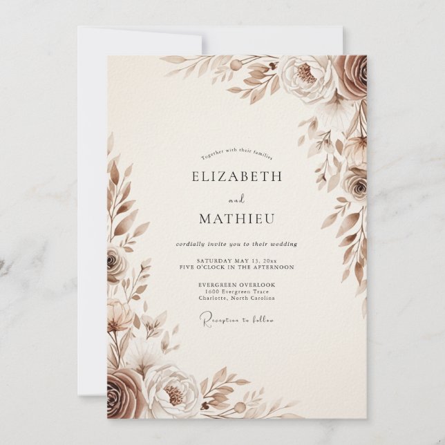 Convite Casamento Floral Etéreo Marrom (Frente)