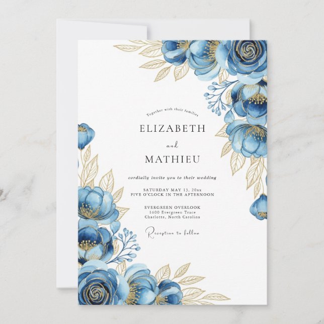 Convite Casamento Floral Etéreo Navy (Frente)