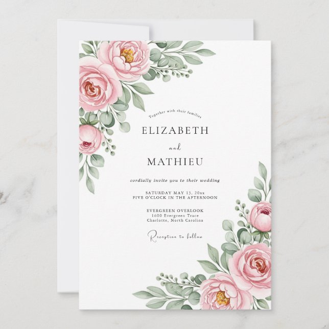 Convite Casamento Floral Etéreo Rosa (Frente)