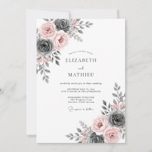 Convite Casamento Floral Etéreo Rosa Bege e Cinza Carvão