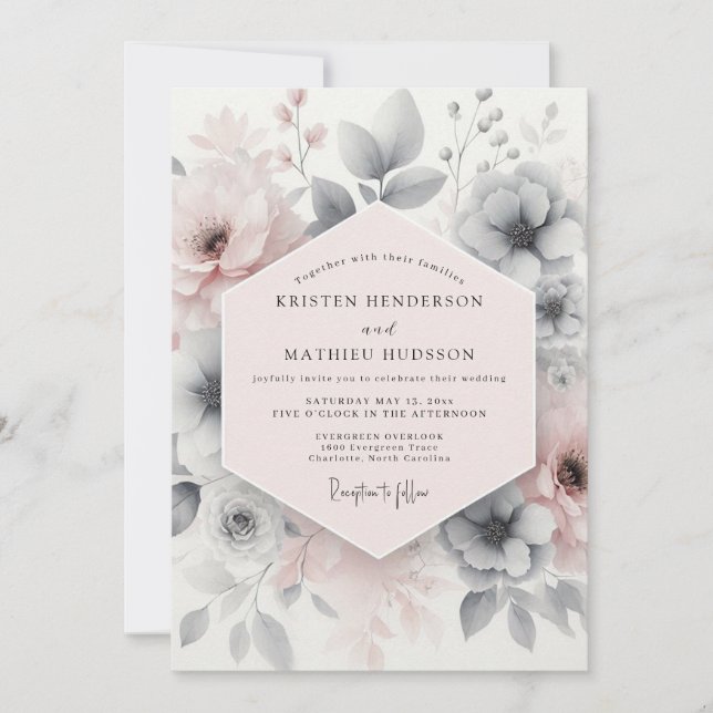 Convite Casamento Floral Etéreo Rosa Corado (Frente)